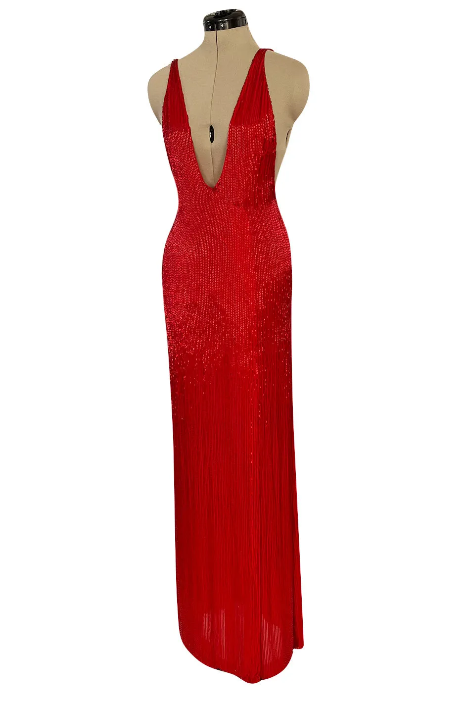 Showstopping Fall 1975 John Anthony Couture Deep Plunging Red Dress Entirely Covered in Glass Beads