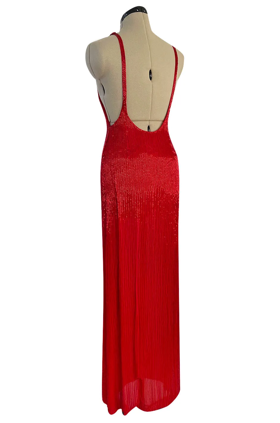 Showstopping Fall 1975 John Anthony Couture Deep Plunging Red Dress Entirely Covered in Glass Beads