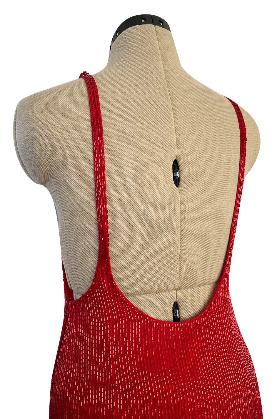 Showstopping Fall 1975 John Anthony Couture Deep Plunging Red Dress Entirely Covered in Glass Beads