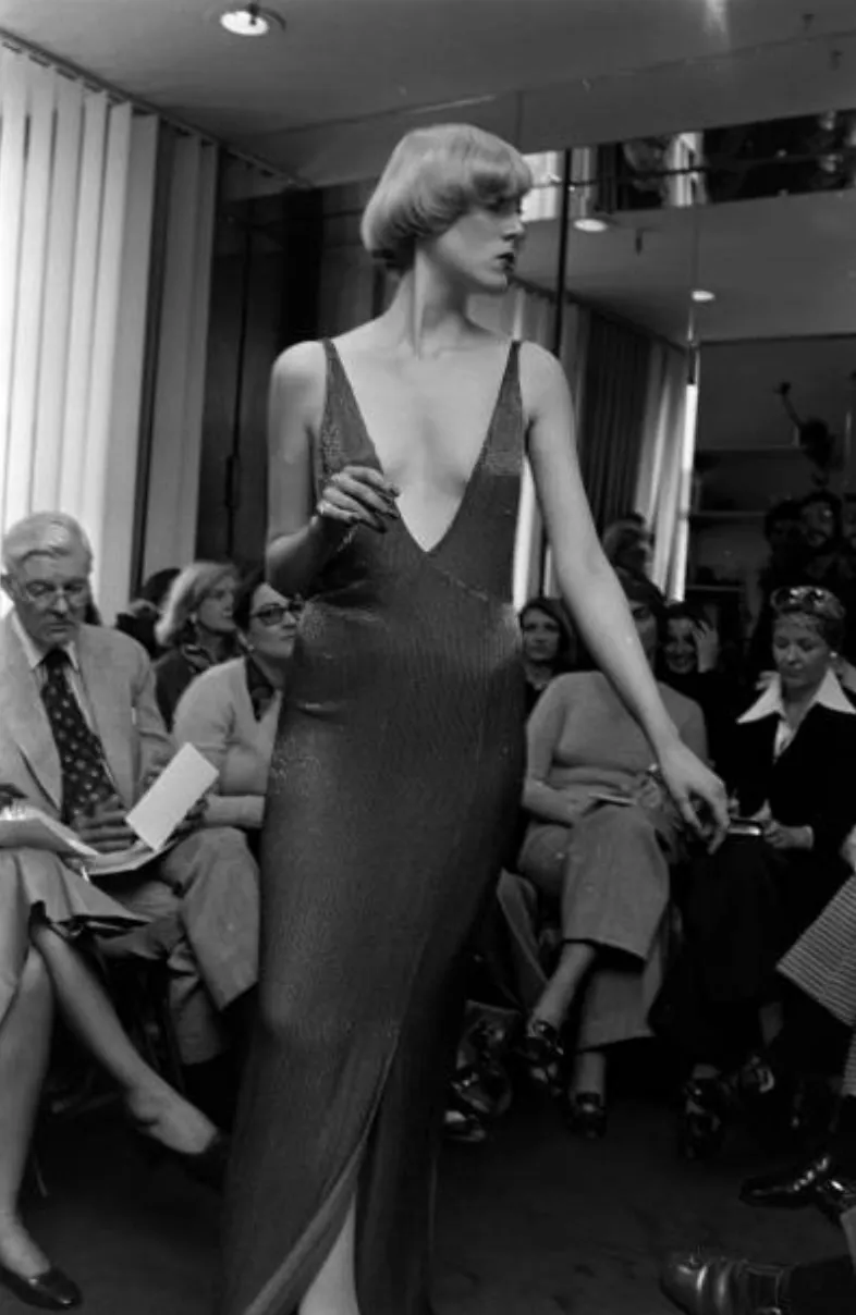 Showstopping Fall 1975 John Anthony Couture Deep Plunging Red Dress Entirely Covered in Glass Beads