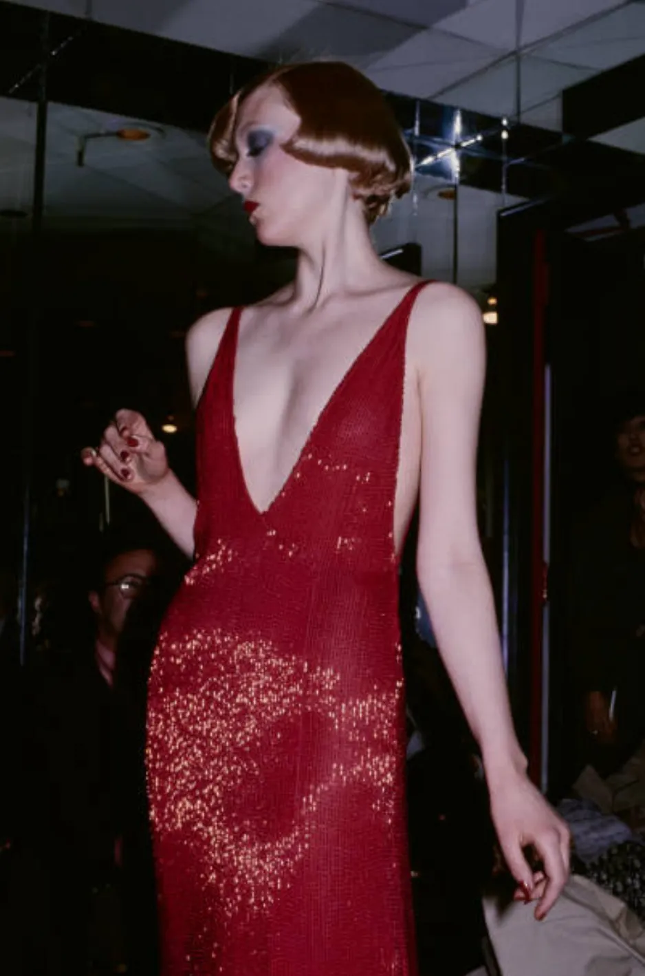 Showstopping Fall 1975 John Anthony Couture Deep Plunging Red Dress Entirely Covered in Glass Beads