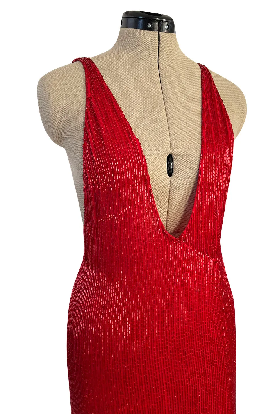 Showstopping Fall 1975 John Anthony Couture Deep Plunging Red Dress Entirely Covered in Glass Beads