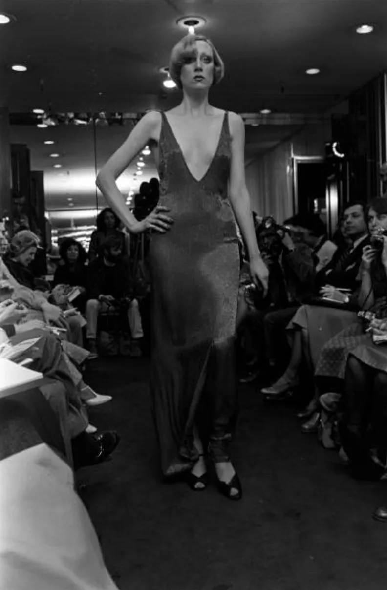 Showstopping Fall 1975 John Anthony Couture Deep Plunging Red Dress Entirely Covered in Glass Beads