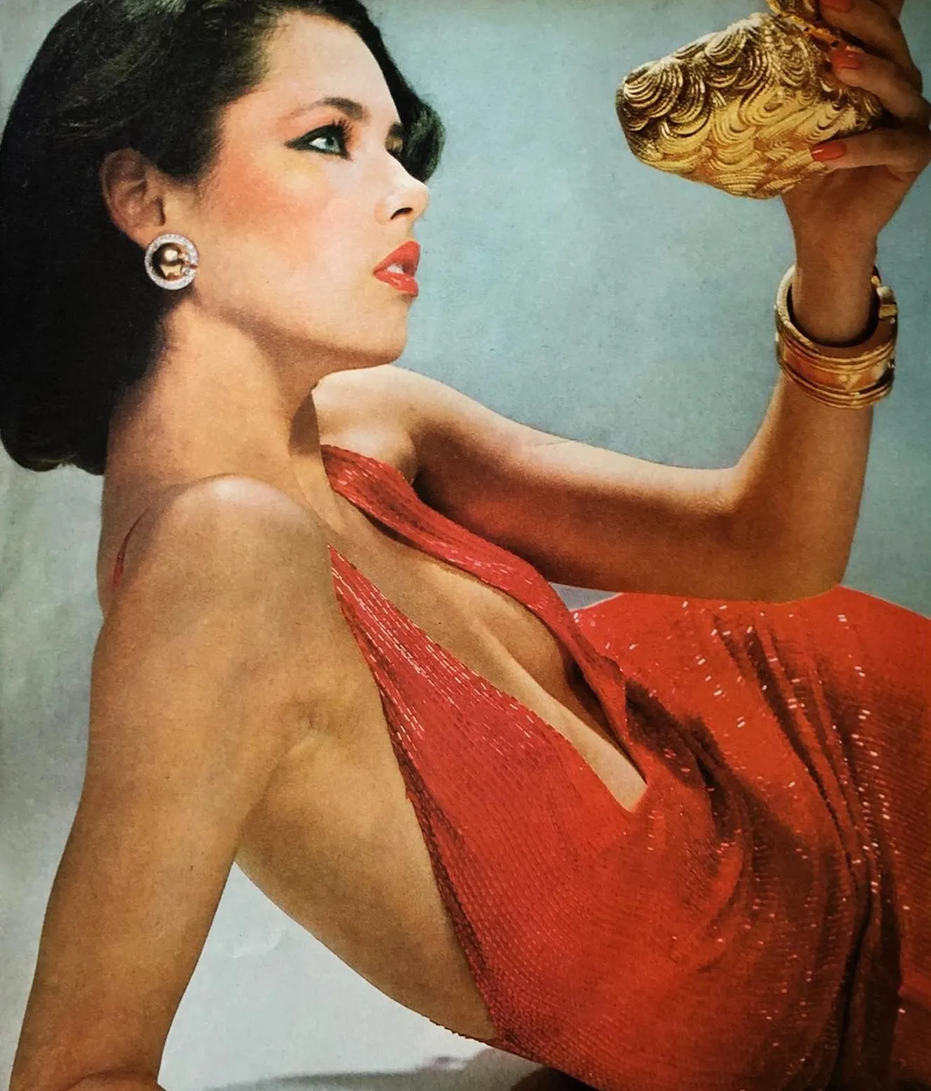 Showstopping Fall 1975 John Anthony Couture Deep Plunging Red Dress Entirely Covered in Glass Beads