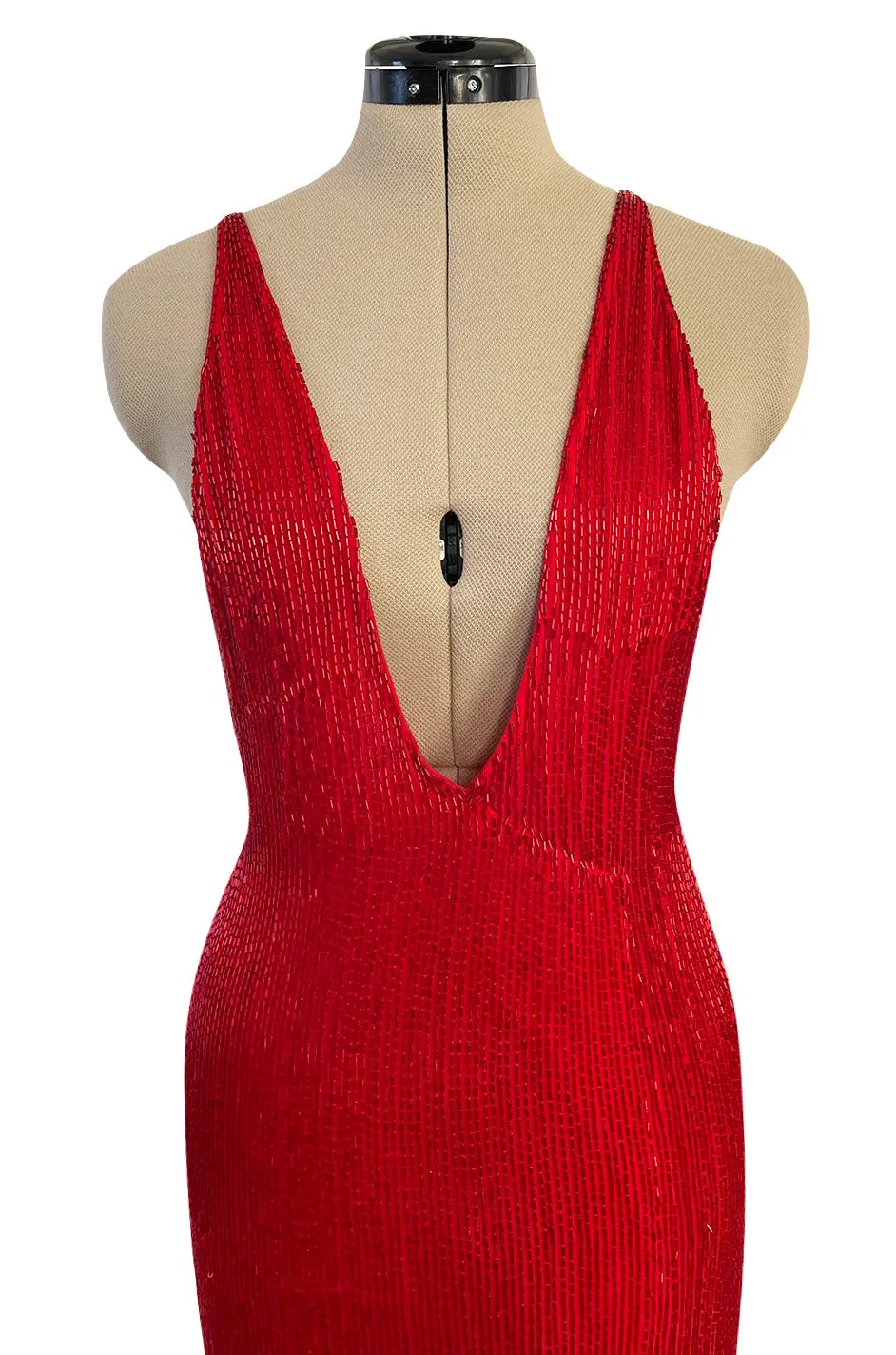 Showstopping Fall 1975 John Anthony Couture Deep Plunging Red Dress Entirely Covered in Glass Beads