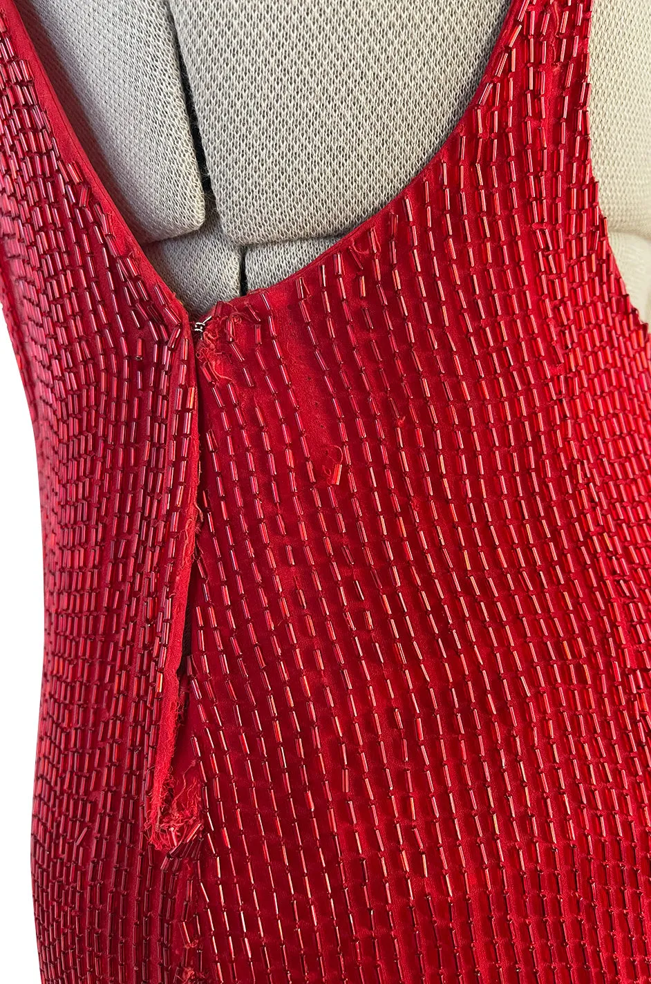 Showstopping Fall 1975 John Anthony Couture Deep Plunging Red Dress Entirely Covered in Glass Beads