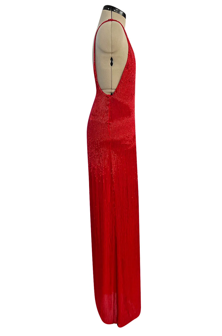 Showstopping Fall 1975 John Anthony Couture Deep Plunging Red Dress Entirely Covered in Glass Beads