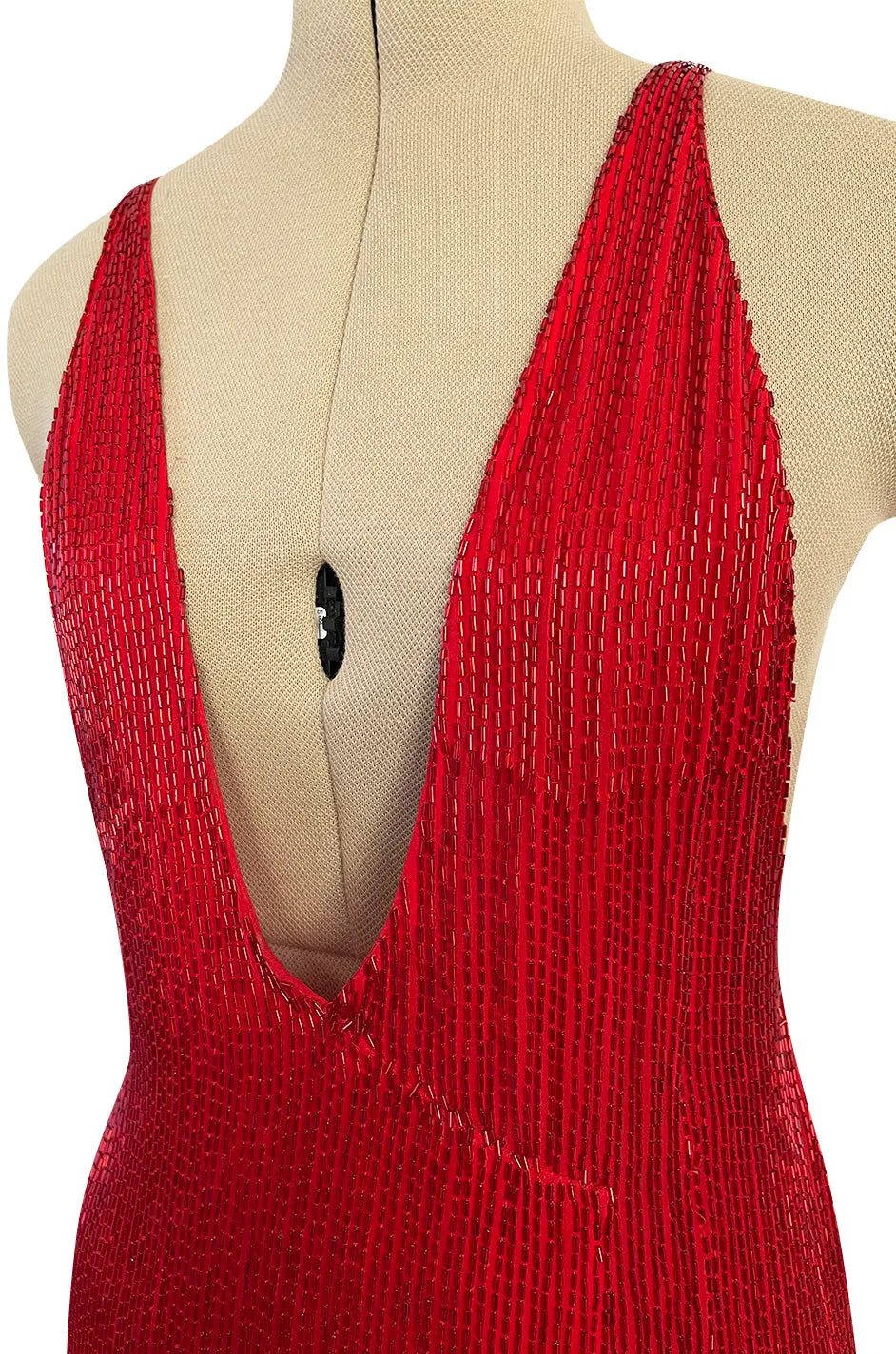 Showstopping Fall 1975 John Anthony Couture Deep Plunging Red Dress Entirely Covered in Glass Beads