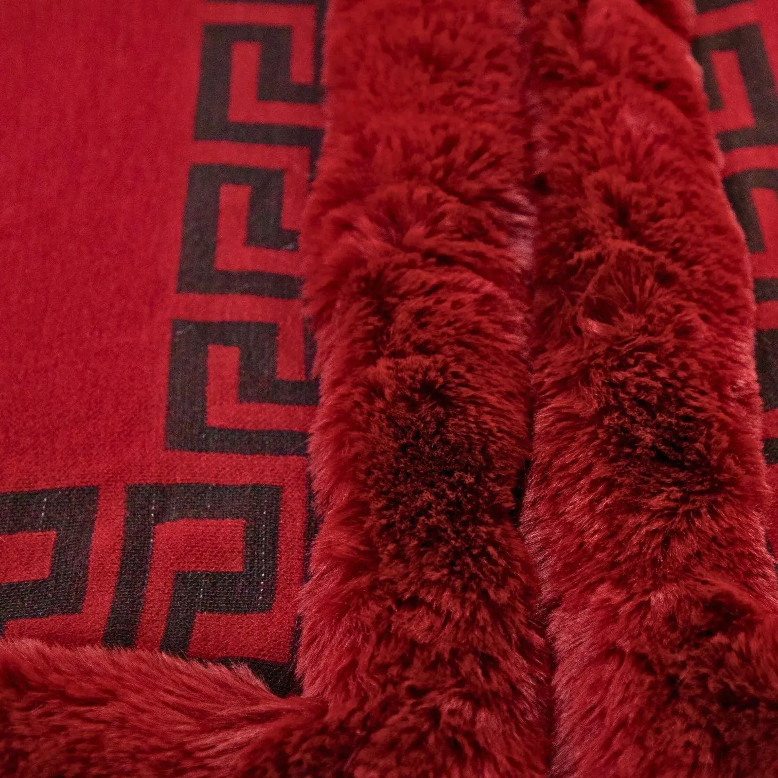 Stay cozy and stylish with our trendy Greek key design Shawl Cape Ruana Burgundy Faux Fur Trim Wrap