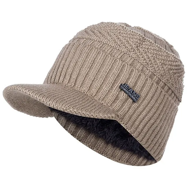 Stylish Fur Lined Soft Beanie With Brim Outdoor Knitted Woolen Warm Winter Cap