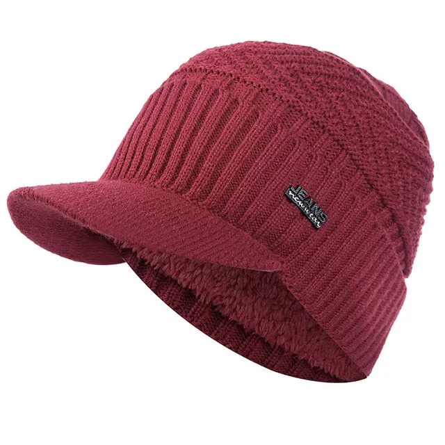 Stylish Fur Lined Soft Beanie With Brim Outdoor Knitted Woolen Warm Winter Cap