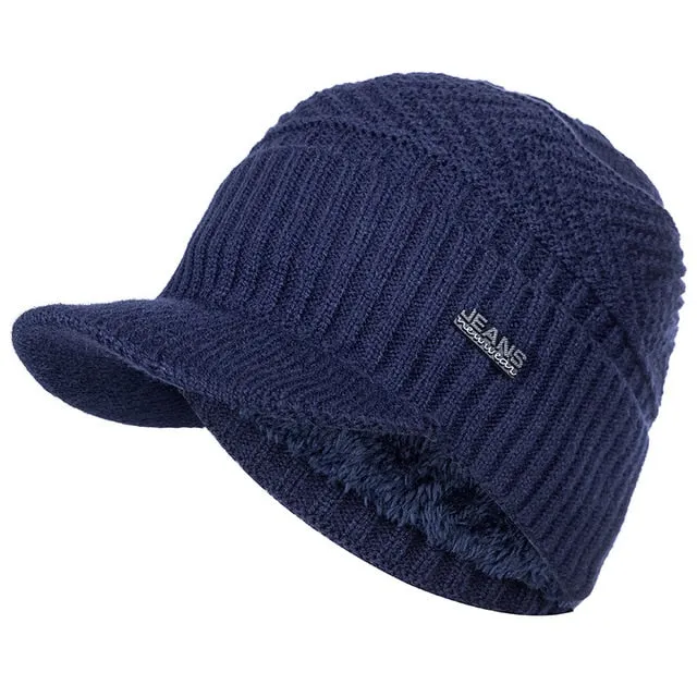 Stylish Fur Lined Soft Beanie With Brim Outdoor Knitted Woolen Warm Winter Cap