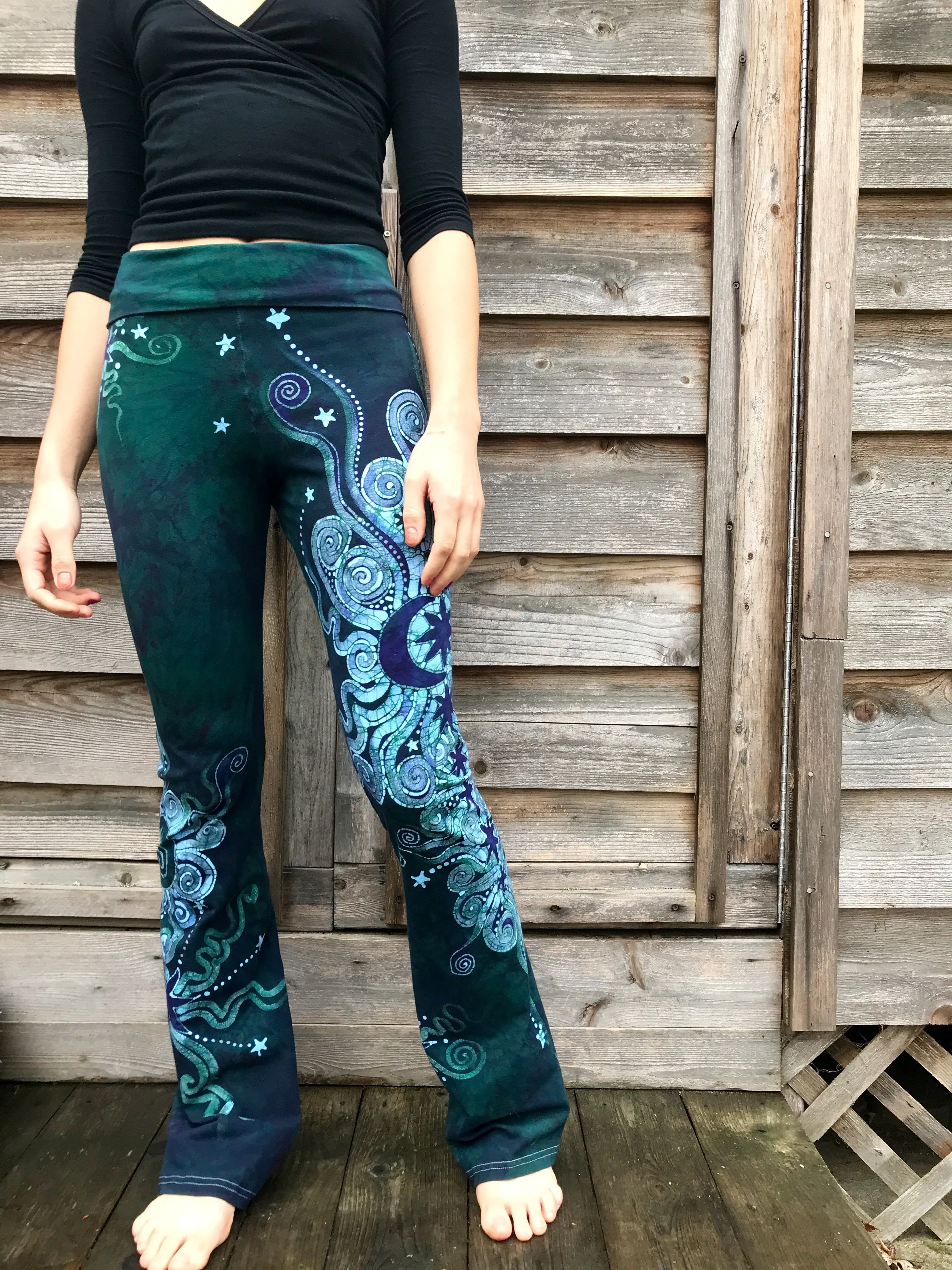 Teal Moon and Twinkling Stars Handmade Batikwalla Stretchy Movement Pants