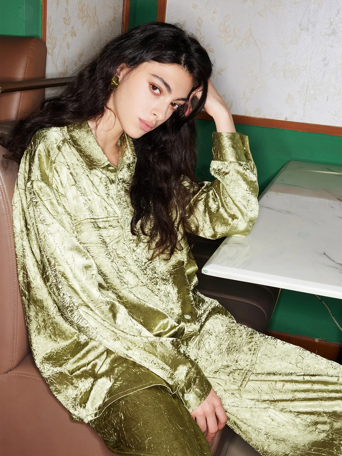 Textured Satin Patch Pocket Oversize Shirt & Wide Leg Pants 2 Pieces Set